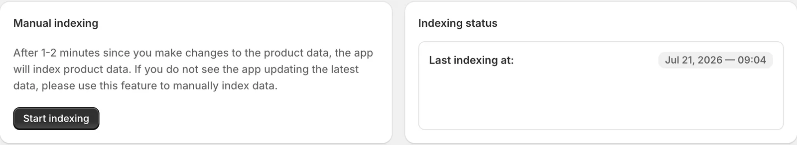 Manual indexing and Indexing status — Sledge