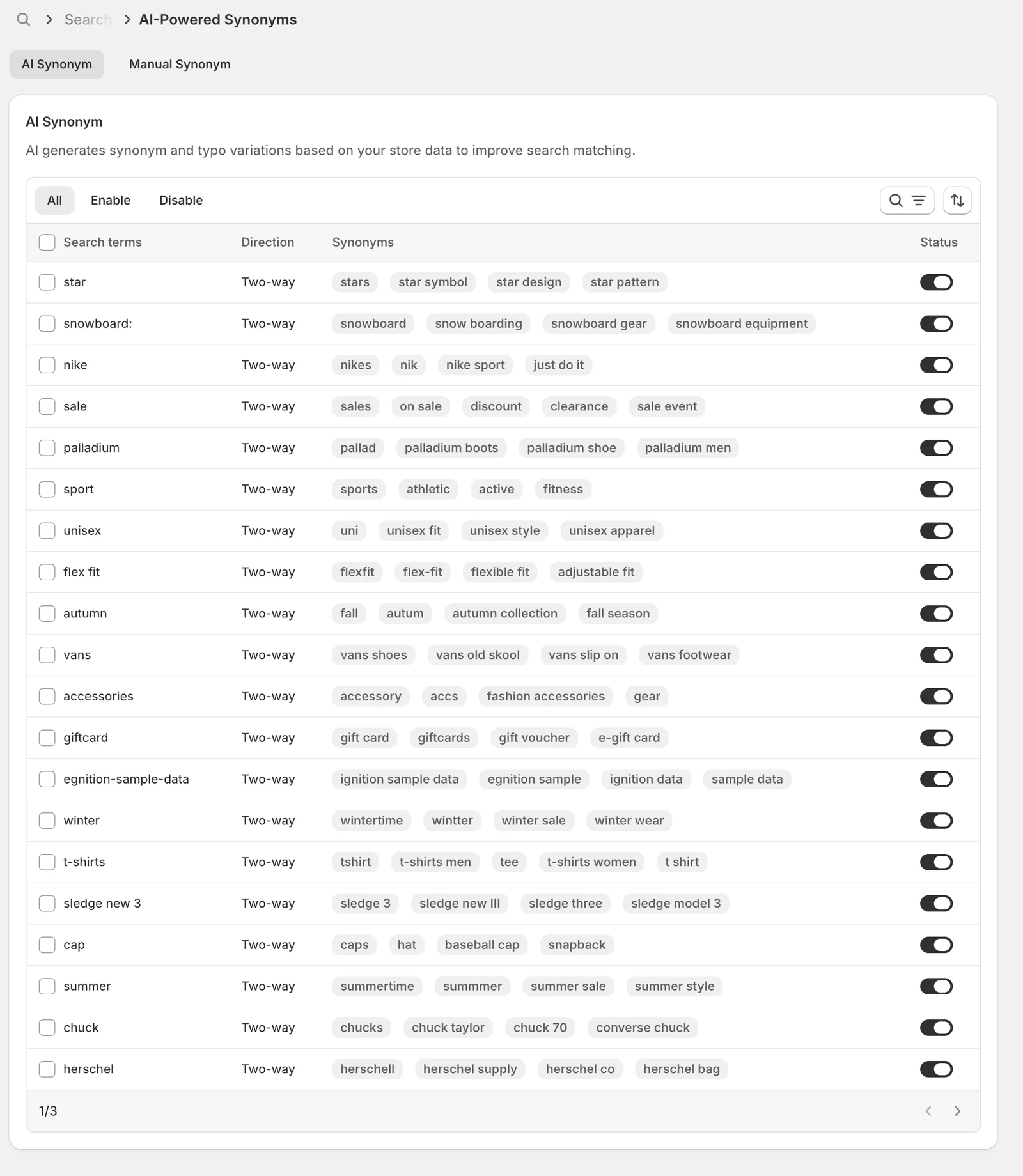 The AI Synonym tab — Sledge