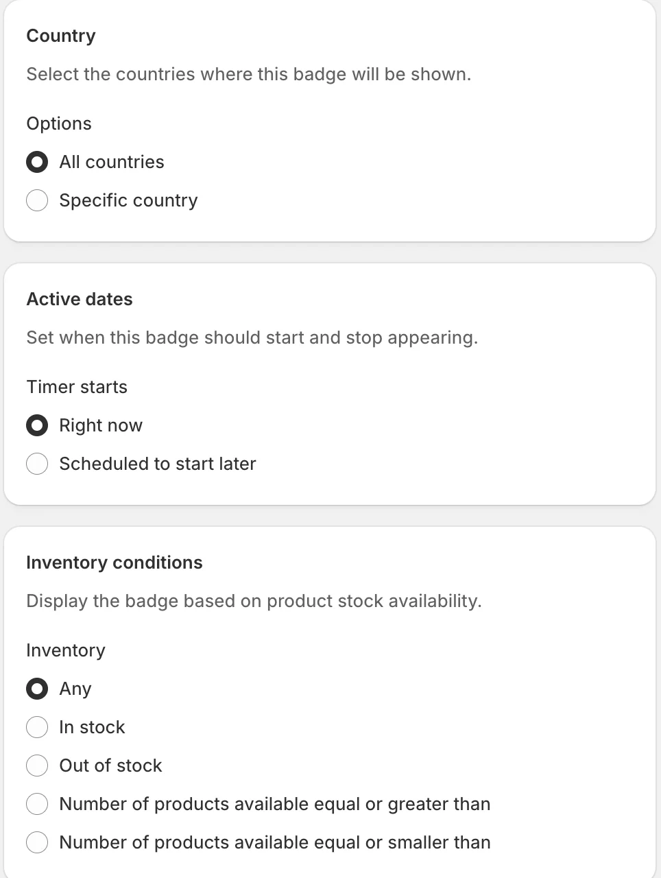 Country, Active dates, and Inventory conditions — Sledge
