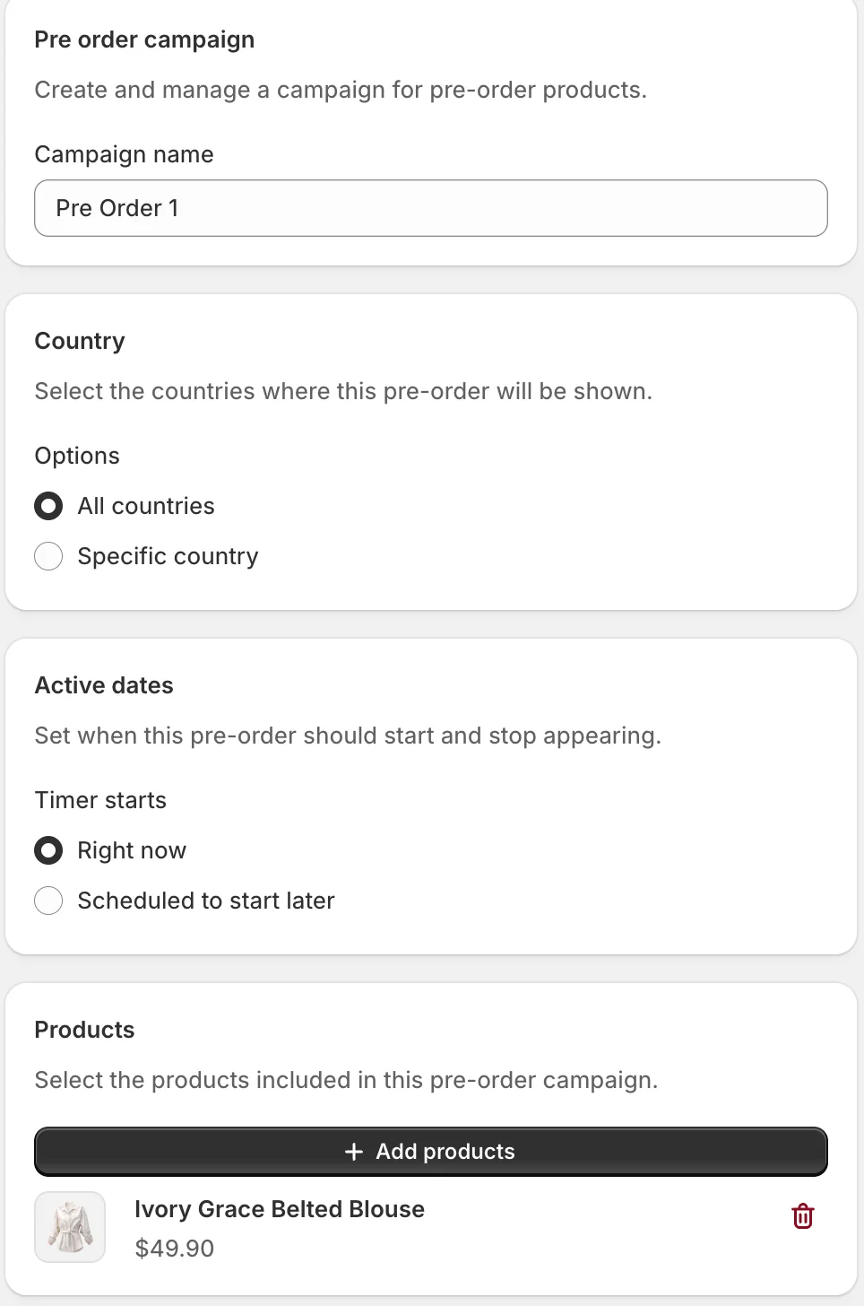 Campaign, Country, Active dates, and Products — Sledge